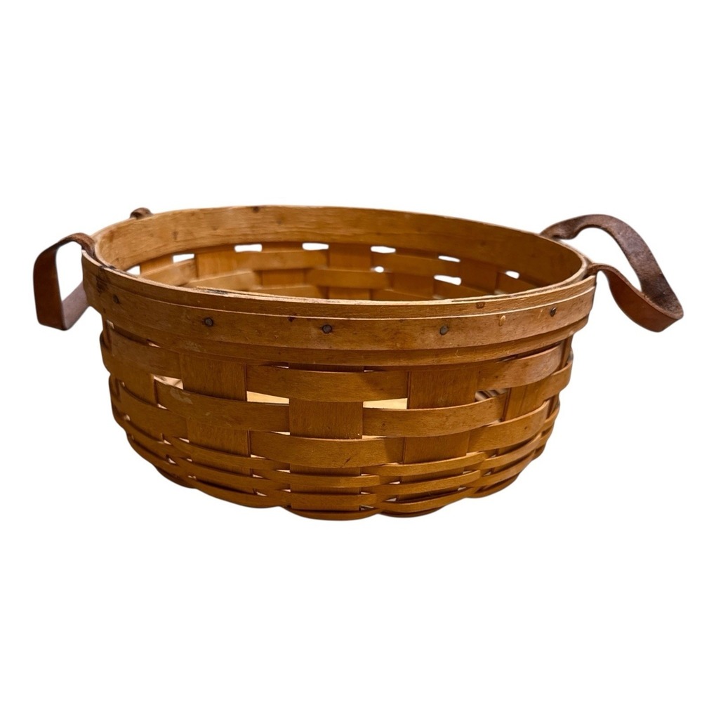 Longaberger Basket 10" Round W. Leather Handles 1997 Signed Rustic Cottagecore